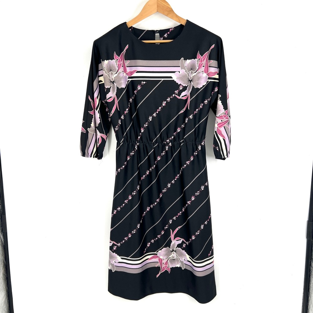 Vintage Avon Fashions Black Floral Midi Dress 7/8 Pink Purple Stripe 8498